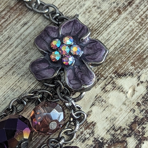 Pink and Purple Aurora Borealis and Enamel Flower Dangle Necklace - Picture 4 of 11